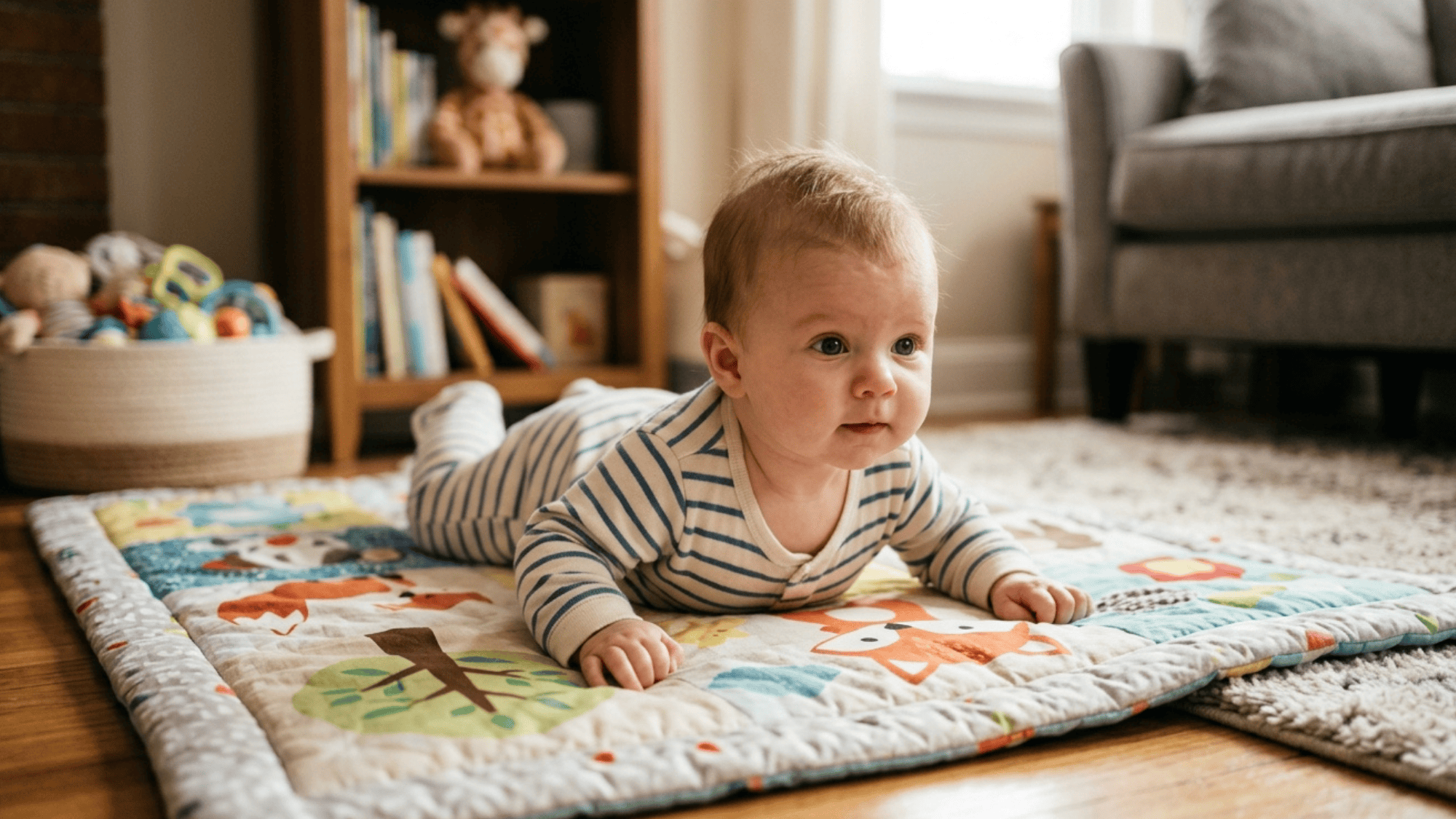 baby lifting head on colorful play mat in cozy living room with toys and bookshelf