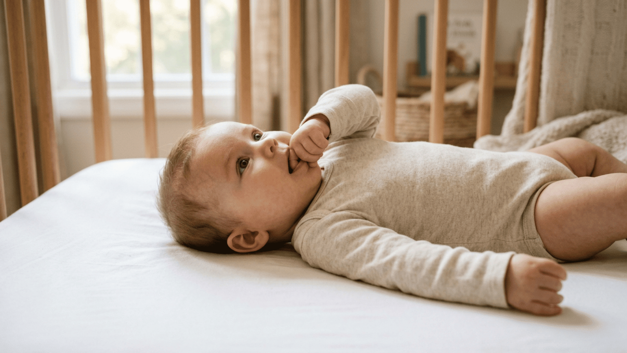 baby lying on back in crib awake and looking curious while gently touching face in warm natural light room