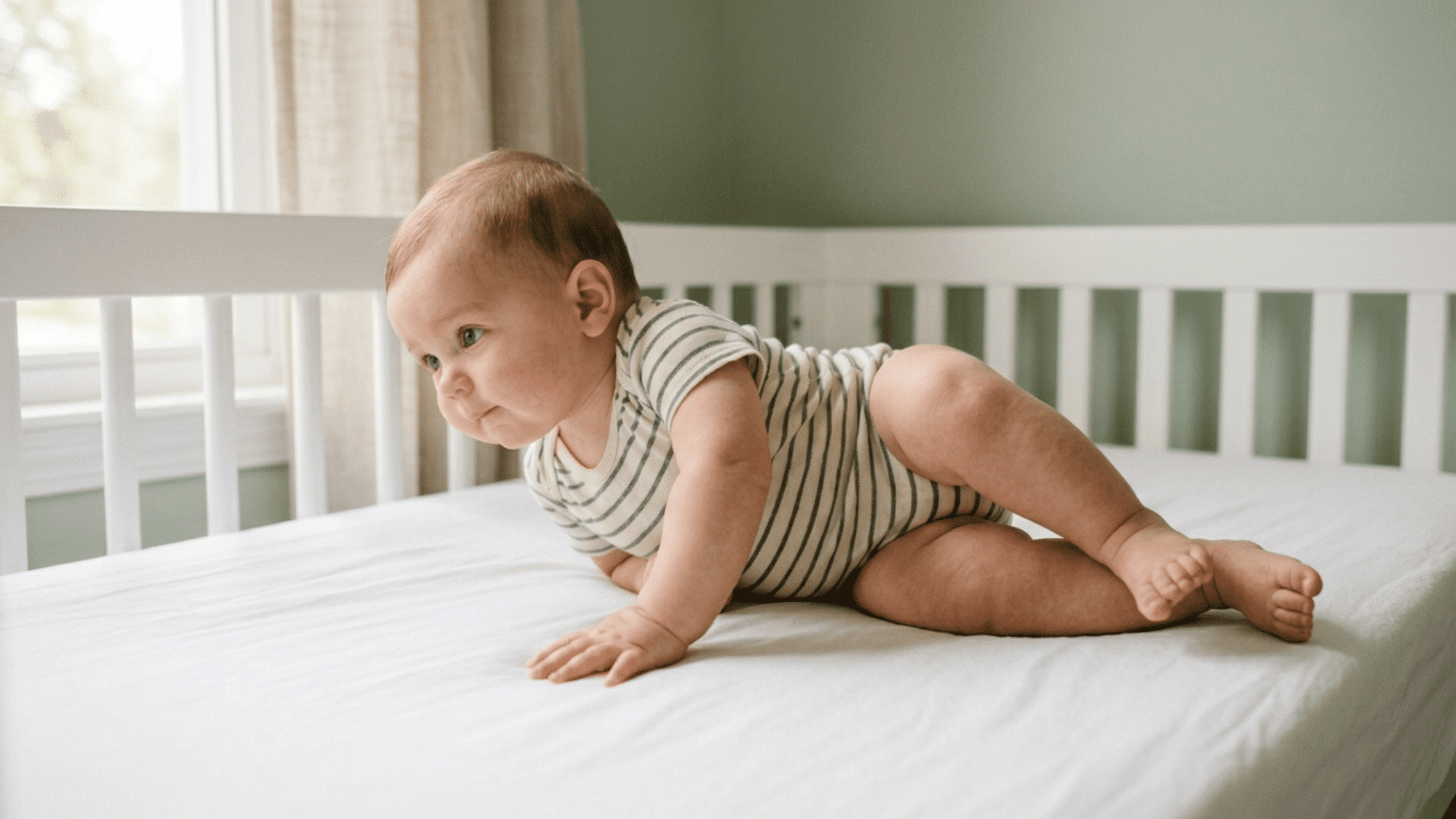 baby practicing tummy time in crib wearing striped outfit in bright nursery with soft daylight from window