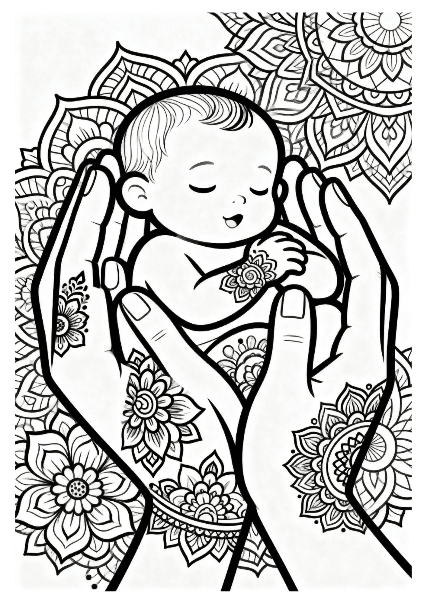 baby resting peacefully in protective hands decorated with floral patterns, symbolizing love and care