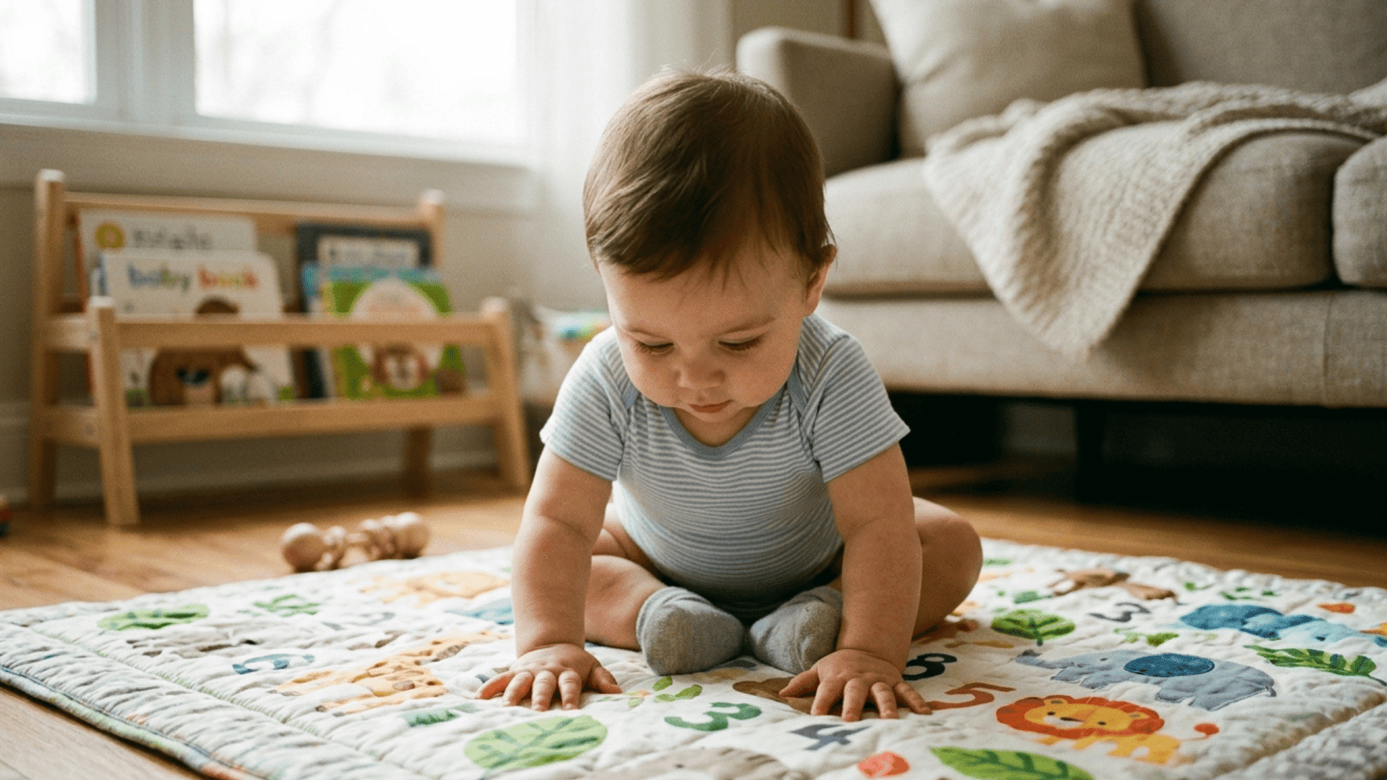 baby sitting and looking down at patterned mat near couch and baby books