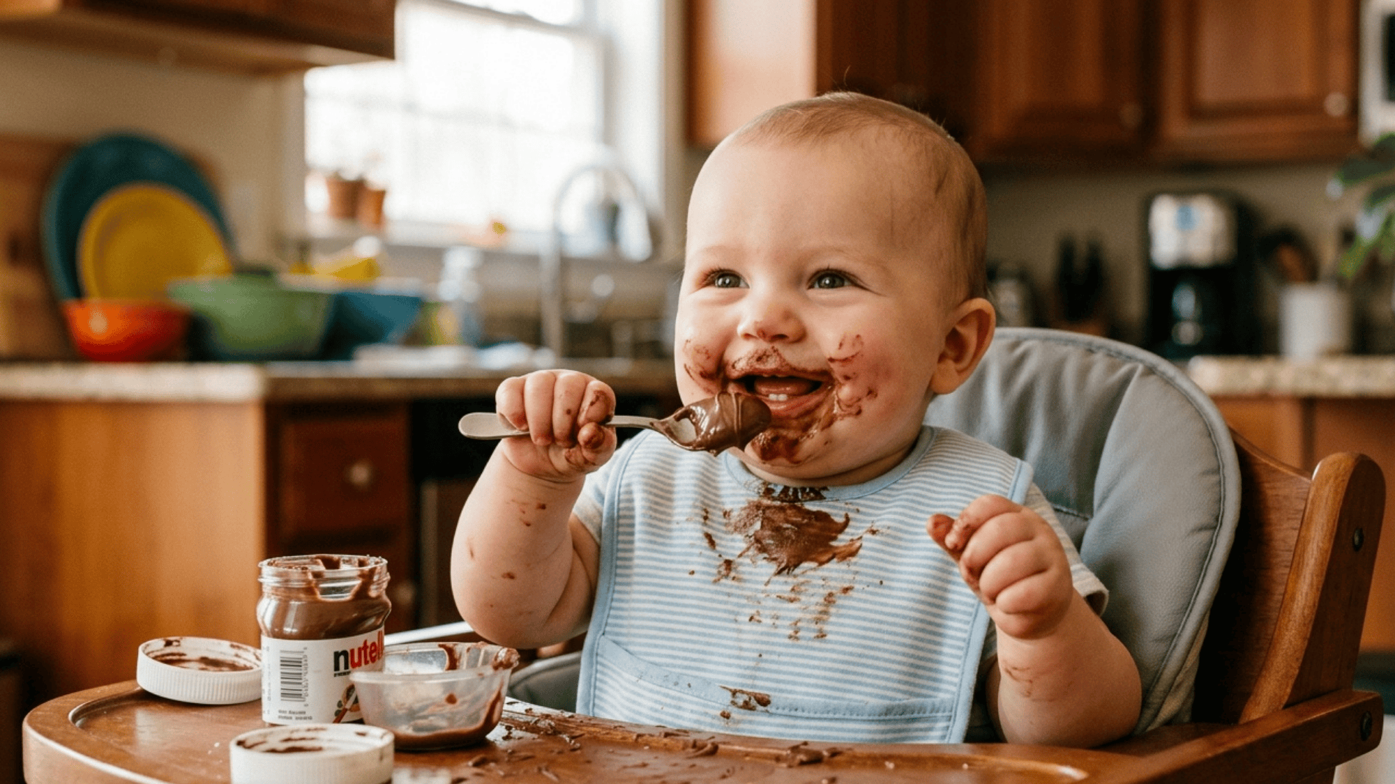 baby sitting in a high chair happily eating chocolate with a messy face in a kitchen