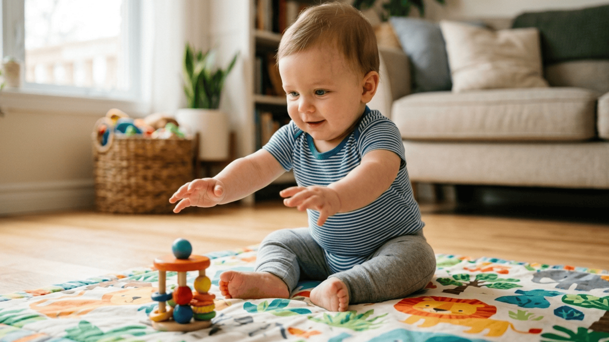 baby sitting independently reaching for small toy on play mat in living room
