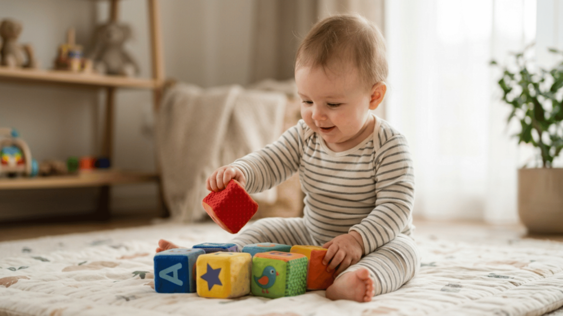 baby sitting on a soft mat holding a red block and playing with colorful toy cubes at home