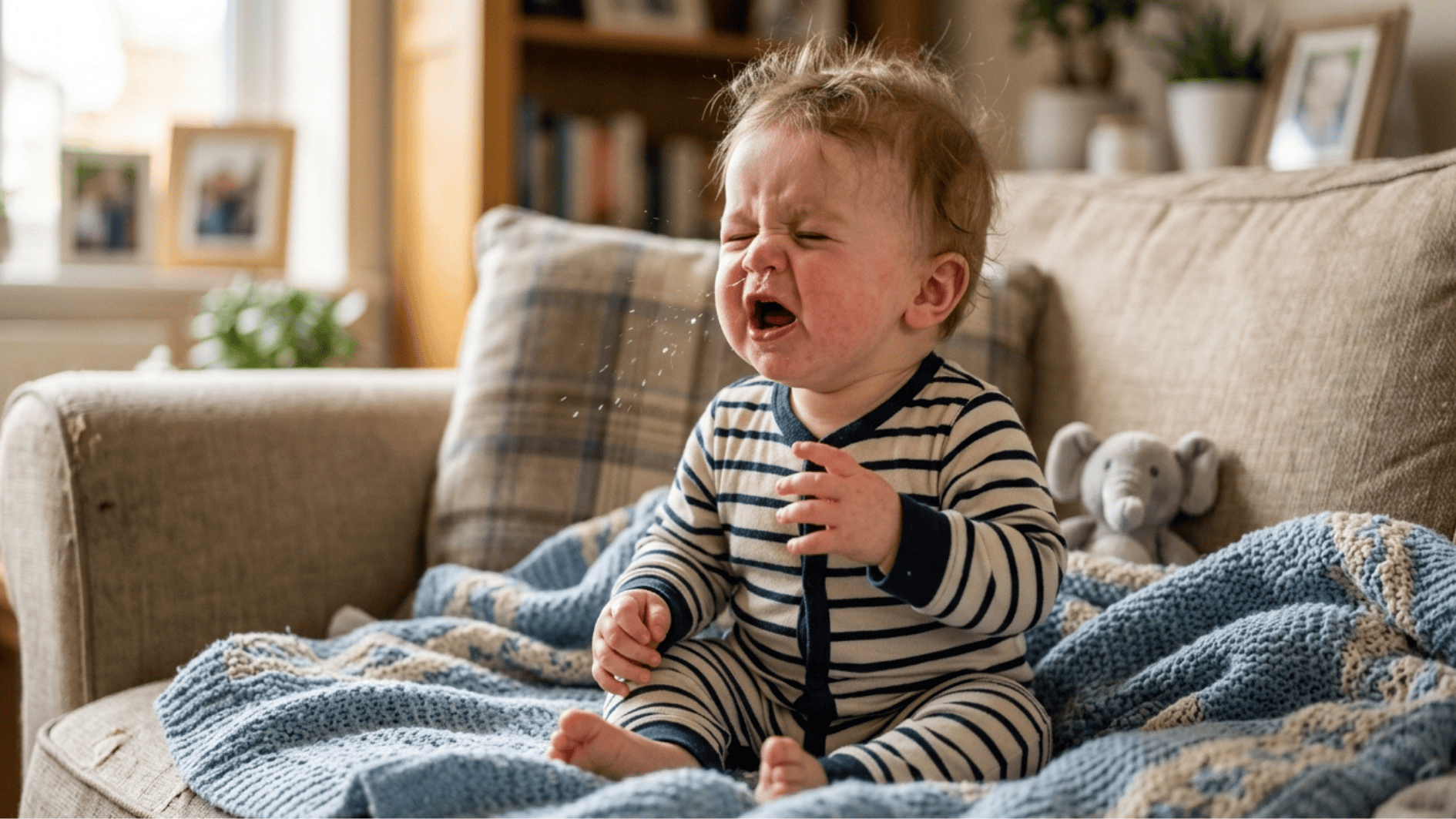 baby sneezing while sitting on couch with blanket, showing signs of congestion in a cozy home setting