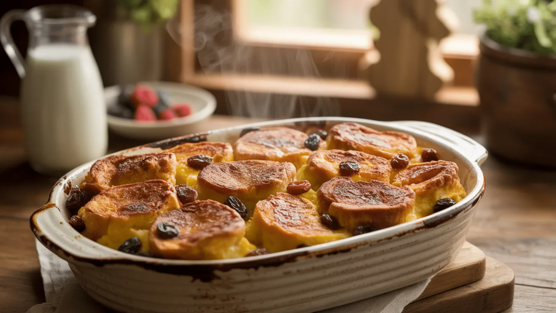 baked bread pudding with raisins in a casserole dish