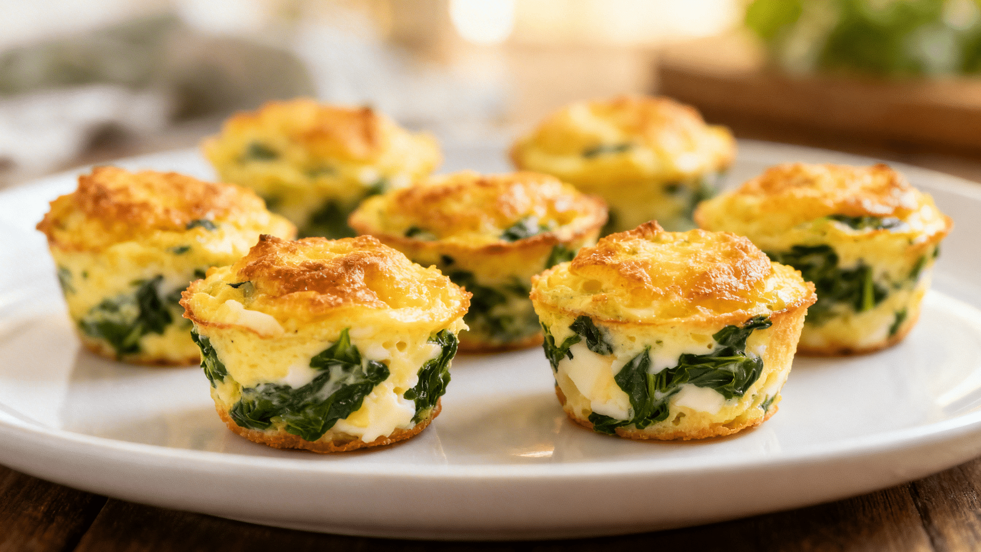 baked egg muffins with spinach and cheese arranged on white plate with soft warm lighting and blurred kitchen background