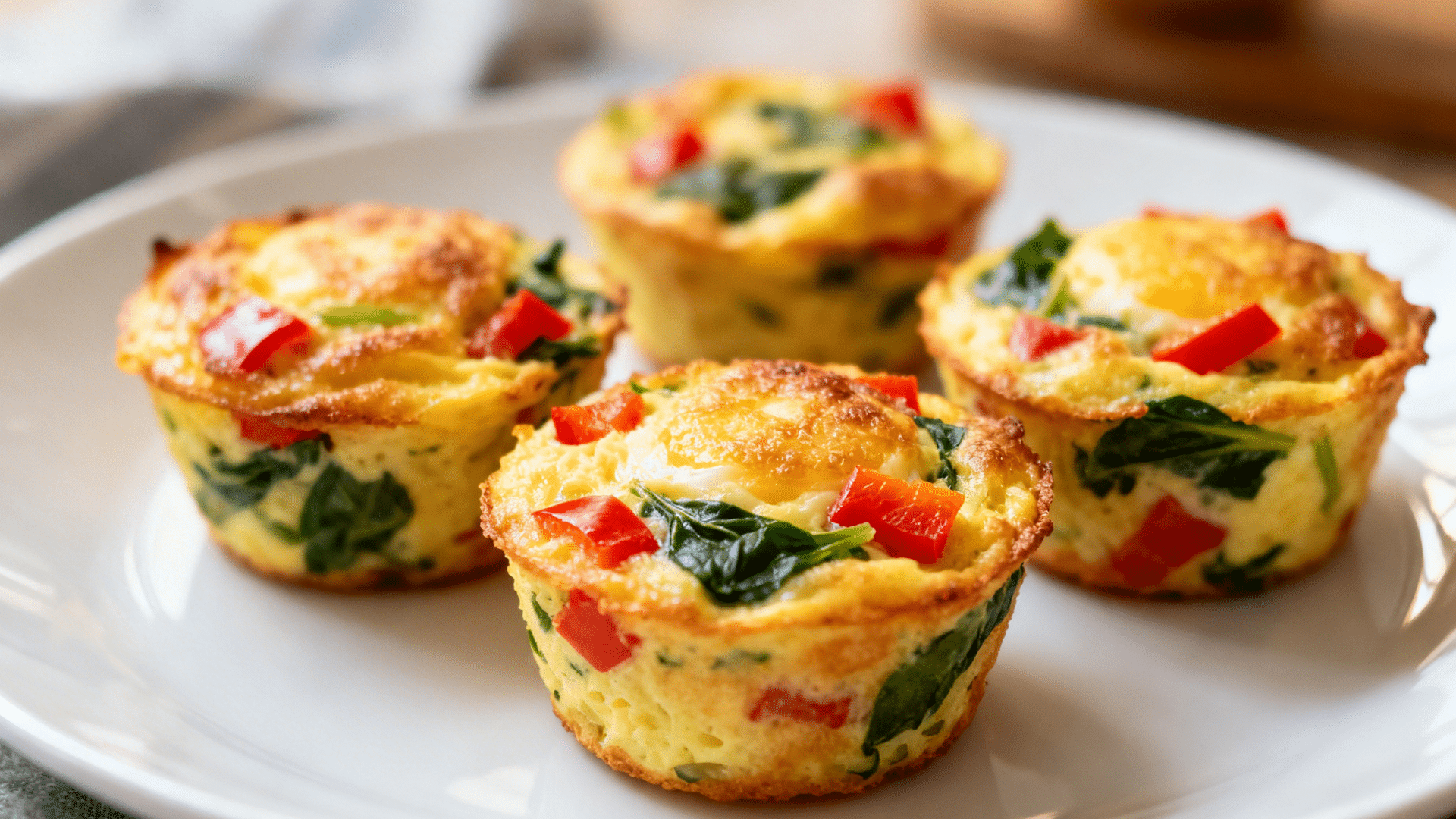 baked egg muffins with vegetables like spinach and peppers arranged on plate in warm lighting with soft blurred background