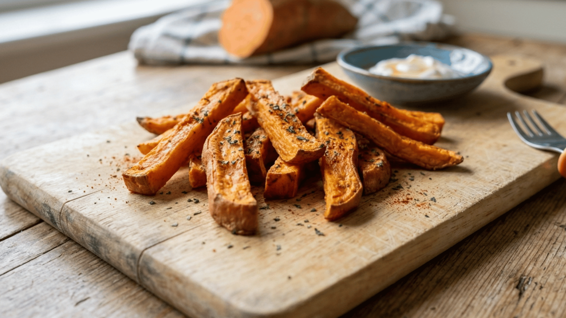 baked sweet potato fries on a wooden board with dipping sauce.