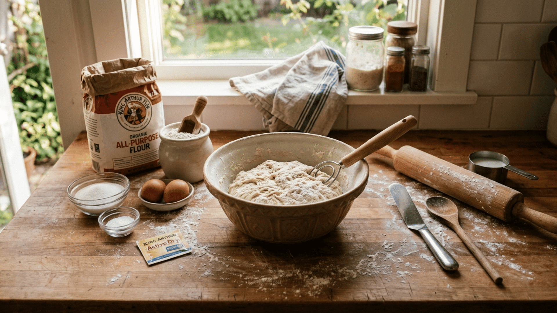 baking setup on wooden counter with flour, eggs, dough in bowl, whisk, rolling pin, and ingredients lit by window light.