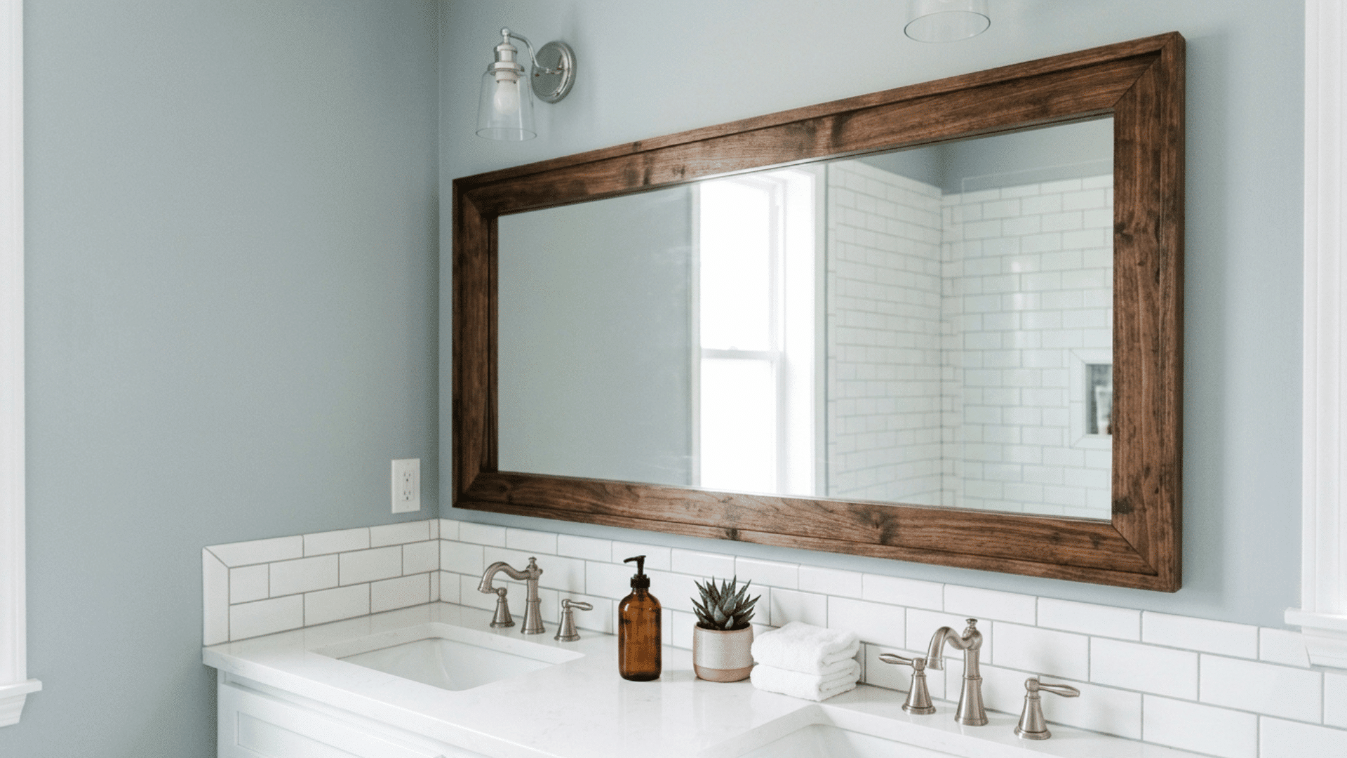 bathroom vanity with large mirror framed in wood and clean white sink area.