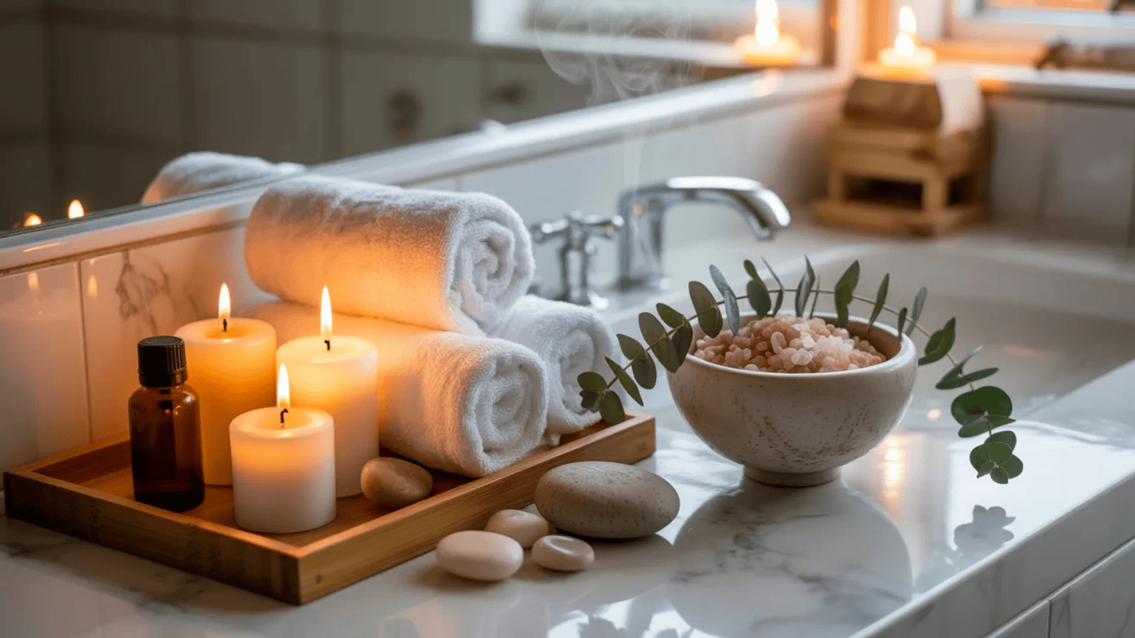 beautifully arranged bathroom spa setup with candles, folded towels, bath salts, rose petals in a bathtub, and soft lighting
