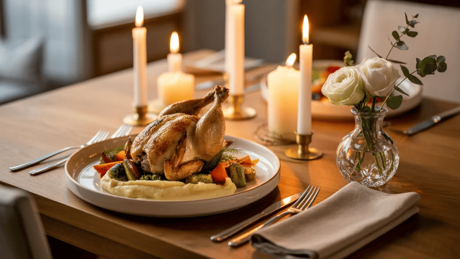 beautifully plated home-cooked meal on a set dining table with candles, fresh flowers in a small vase, and neatly folded napkins