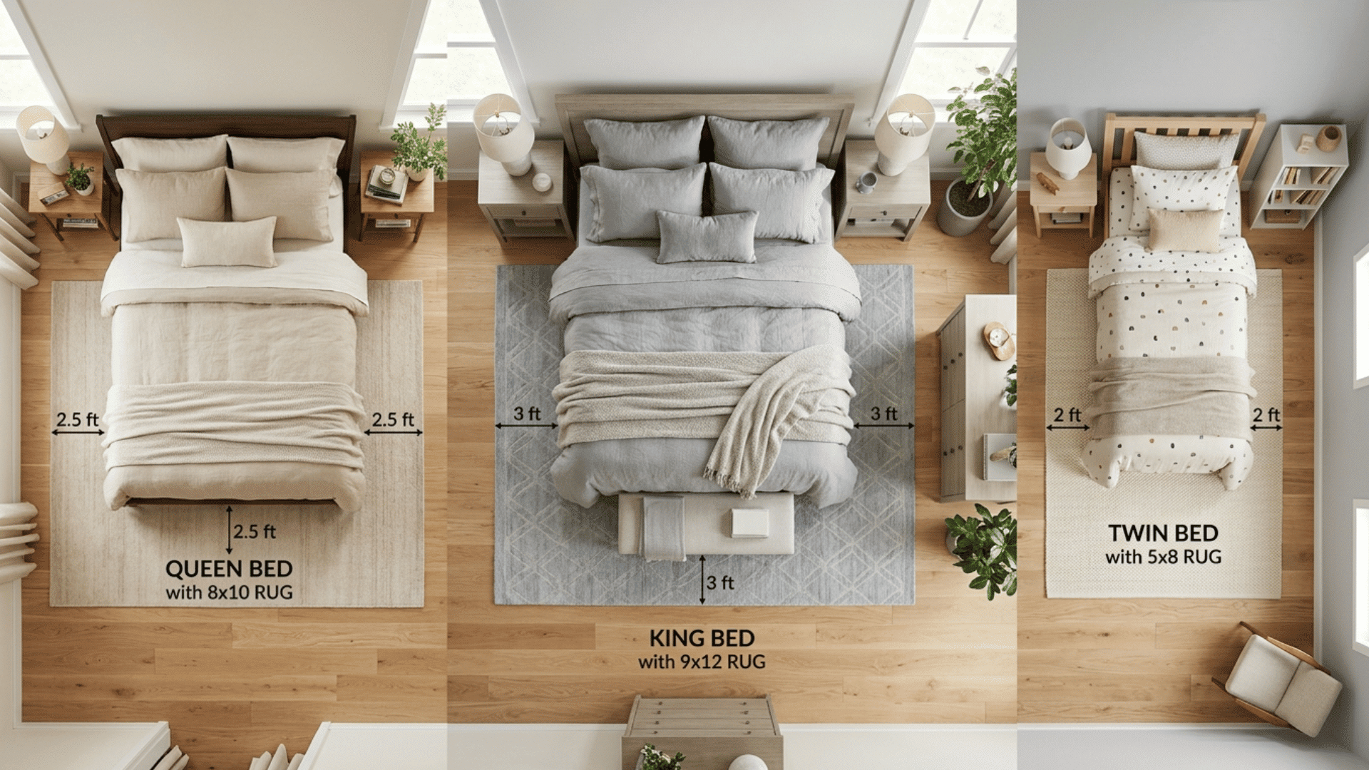 bedroom rug size guide showing queen king and twin beds with rugs placed underneath for proper spacing and comfort (1)