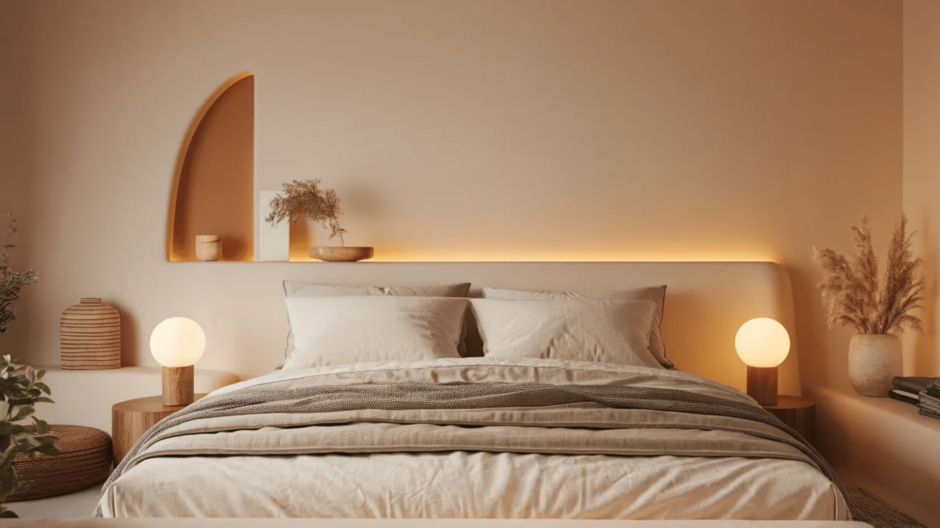 bedroom with eggshell painted walls, soft pastel color, cozy bed, bedside lamps and warm lighting creating a peaceful interior space