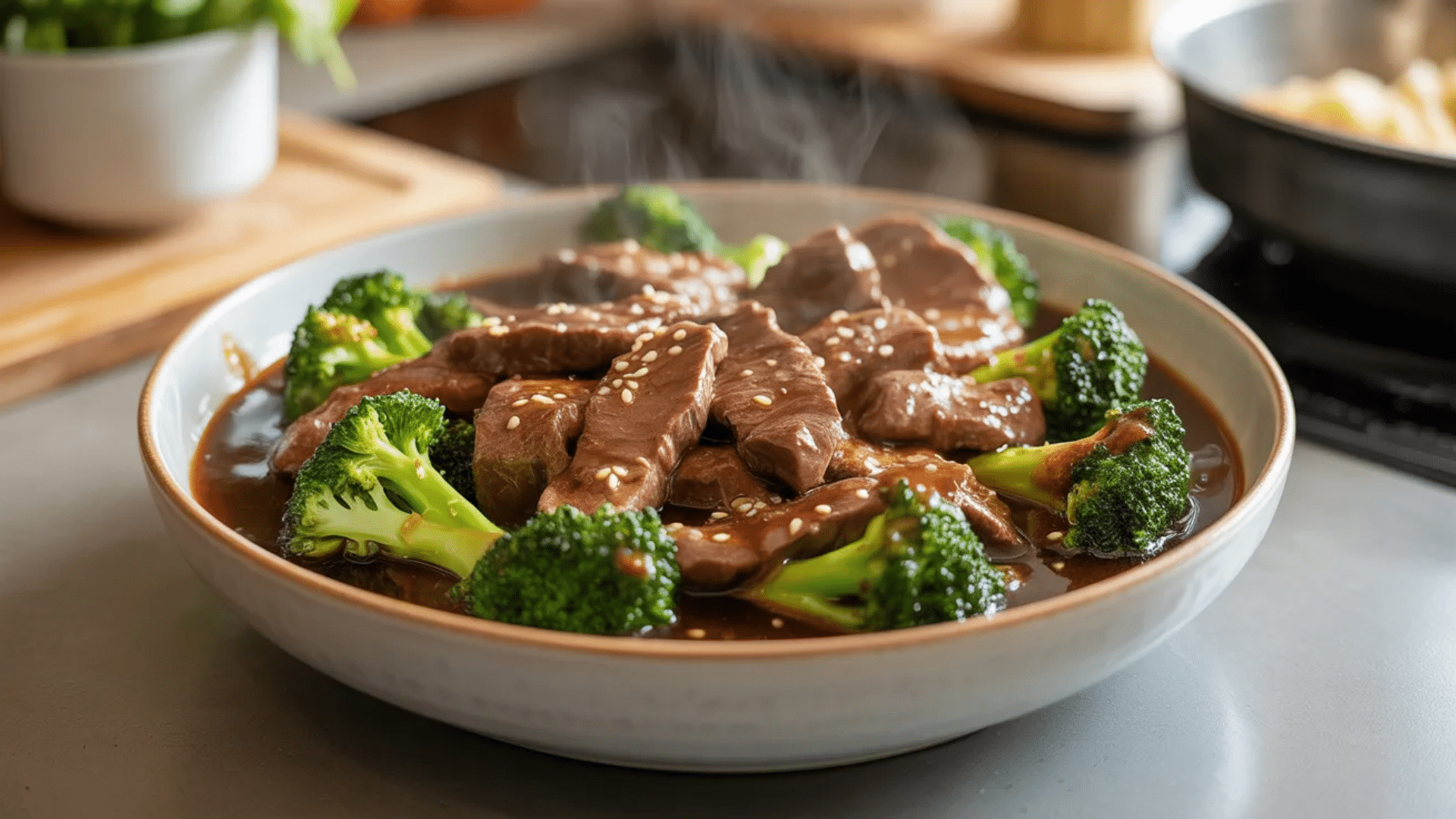 beef and broccoli stir fry in a savory sauce served in a bowl with sesame seeds and steam rising from the dish