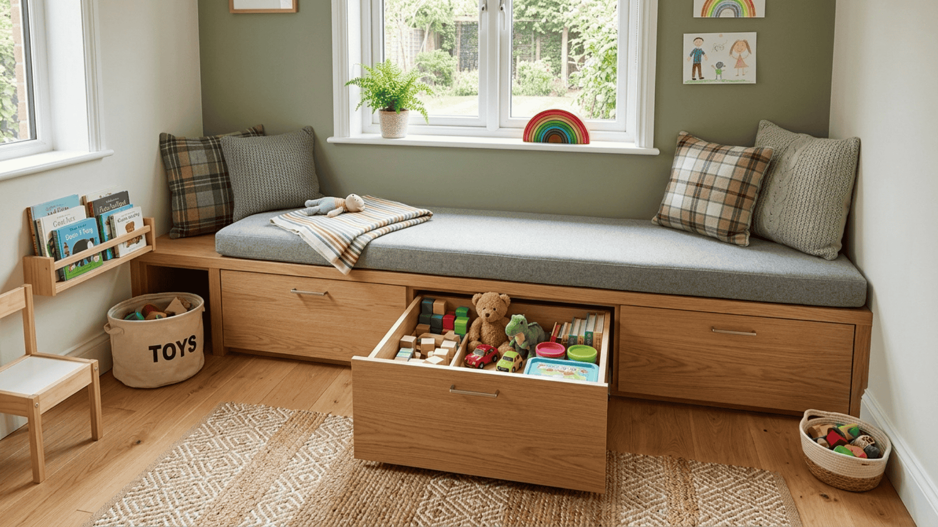 bench with under storage drawers holding toys neatly while saving space in a small playroom with simple layout