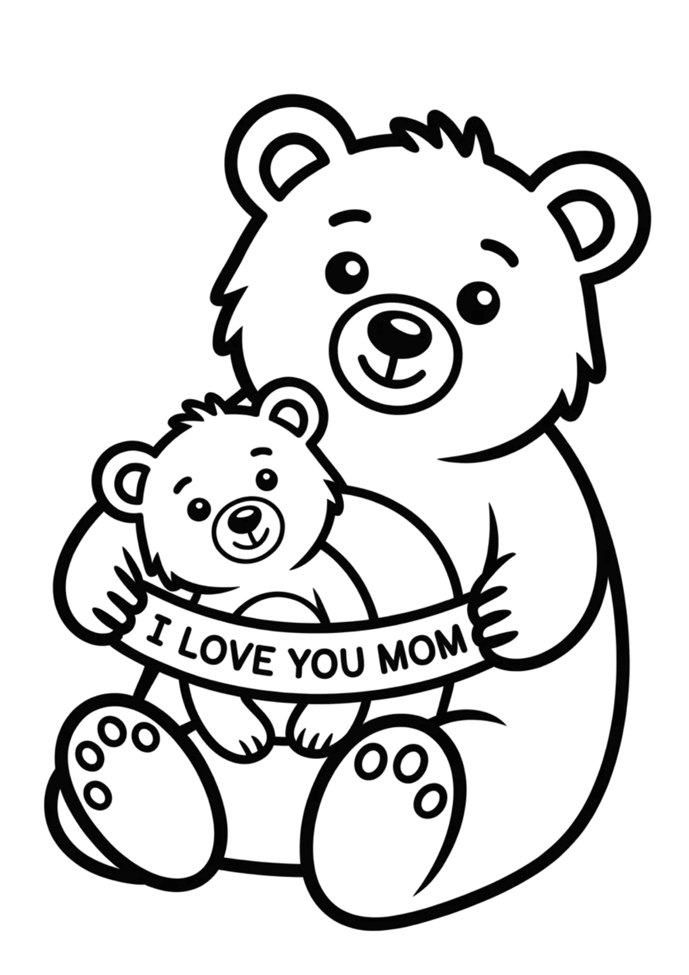 big teddy bear holding small bear with banner i love you mom, cute black outline illustration for mothers day