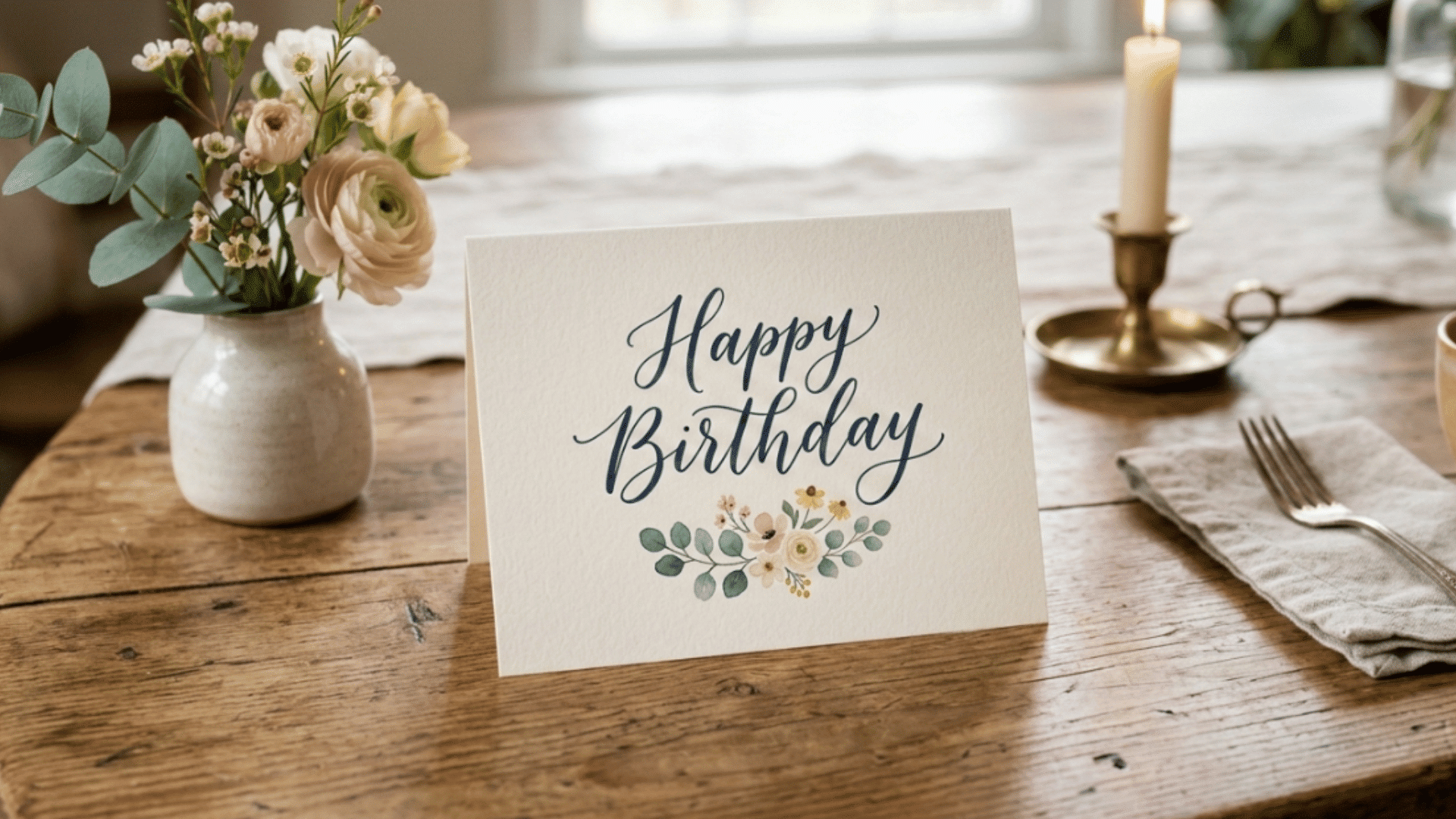 birthday card with happy birthday and floral design on a wooden table setting