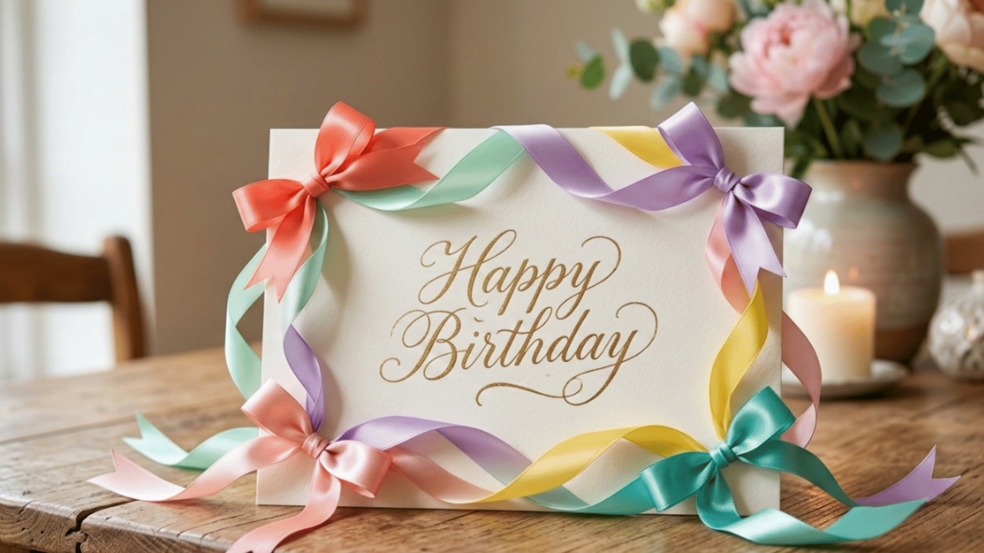 birthday card with soft pastel ribbons and bows wrapped around the edges.