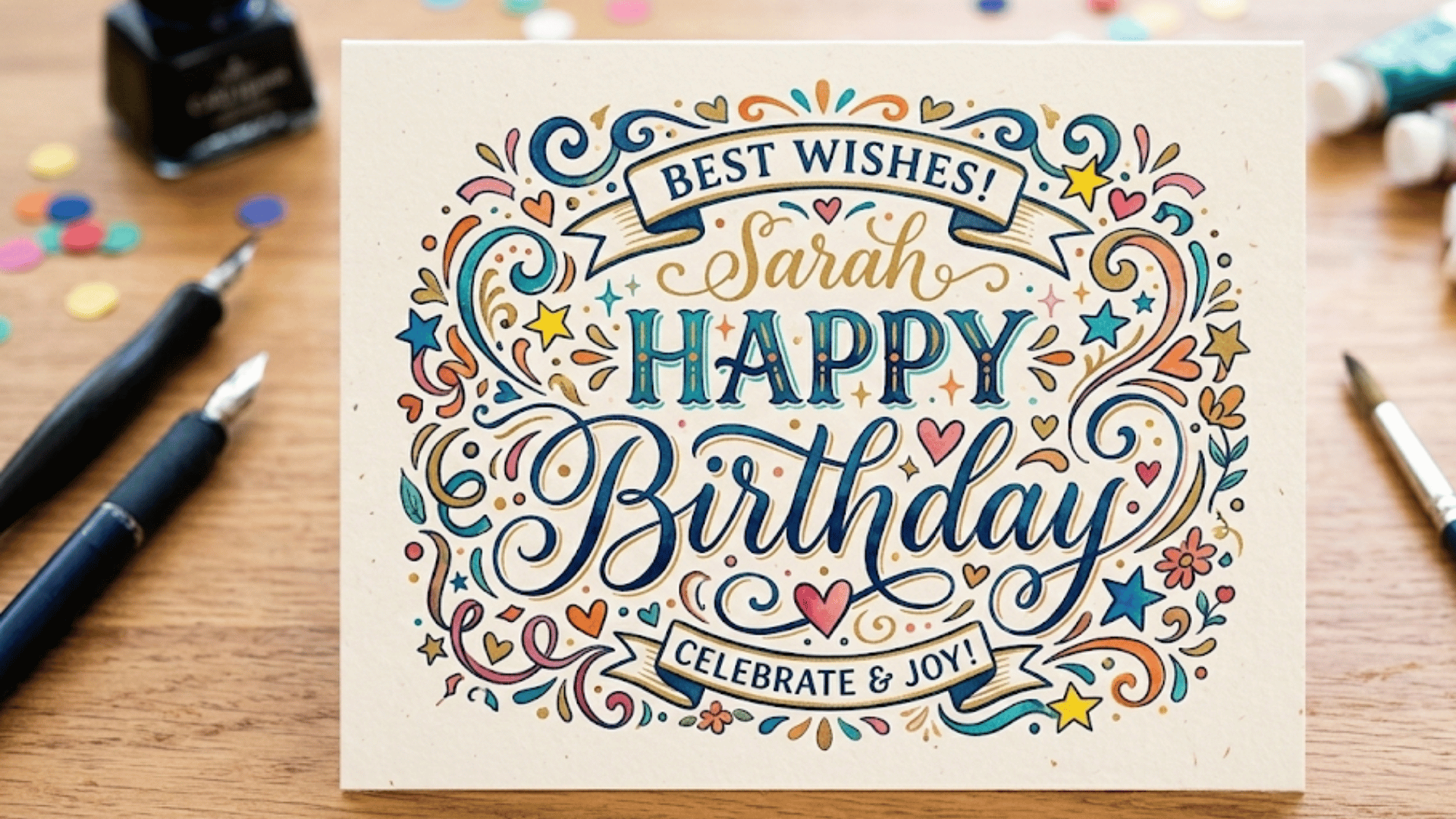 birthday message with hand-lettered text and decorative flourishes