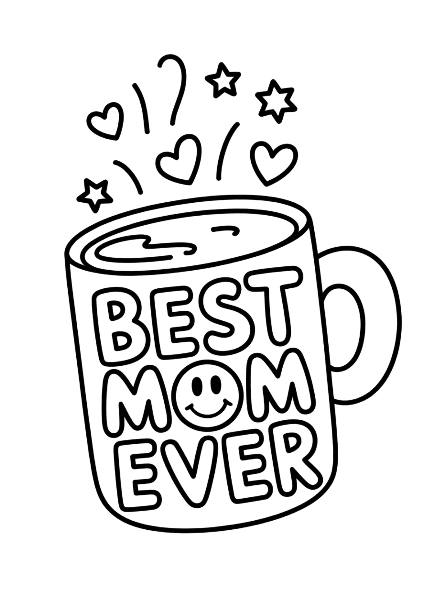 black outline mug with text best mom ever, hearts and stars floating above, simple cute mothers day illustration