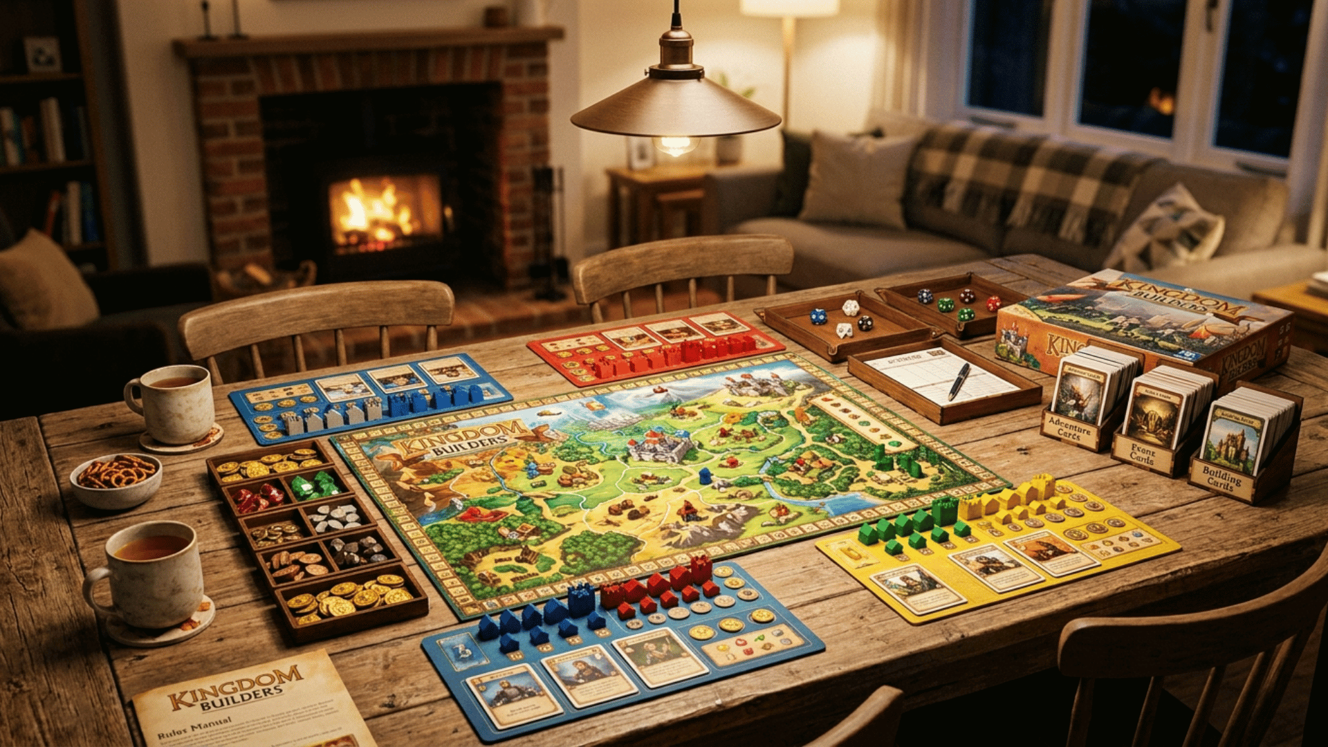 Board game setup with pieces, cards, and dice neatly arranged on a table in a cozy living room