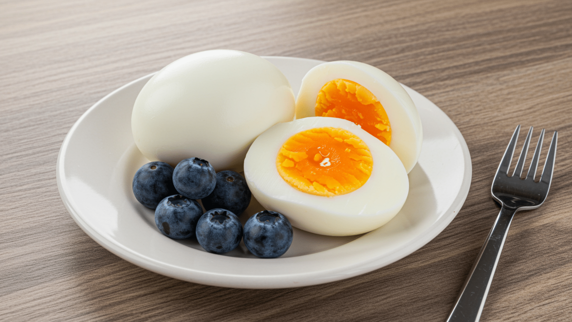 boiled eggs one sliced showing yolk served with fresh blueberries and fork on plate placed on wooden table surface