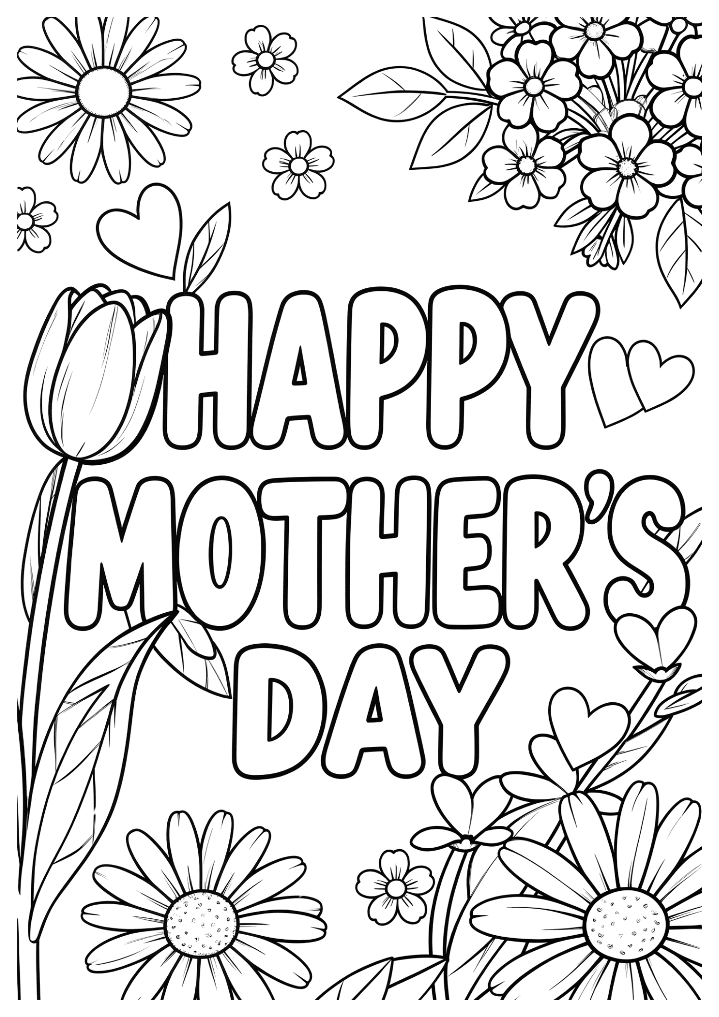 bold text happy mother’s day surrounded by daisies, hearts and leaves in a cheerful layout
