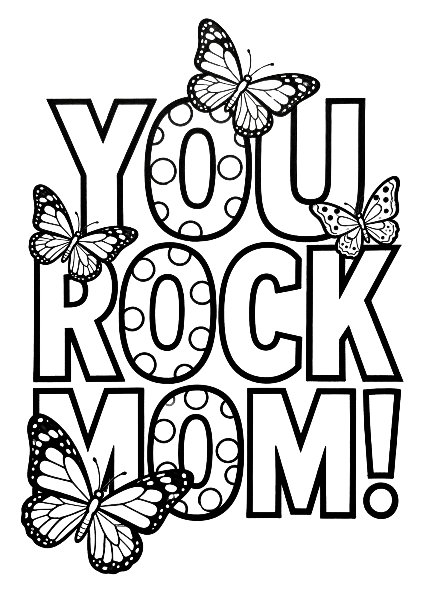 bold text saying you rock mom decorated with butterflies and playful patterns in a clean black and white style