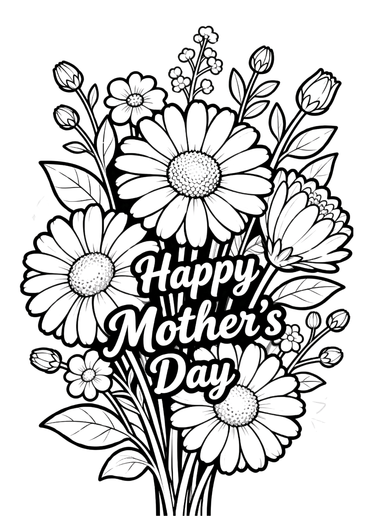 bouquet of daisies and flowers with the words happy mother’s day centered in a detailed line design