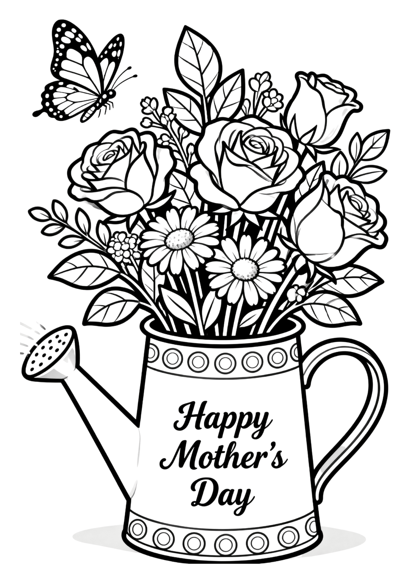 bouquet of roses and daisies inside a watering can with text happy mother’s day and a butterfly above