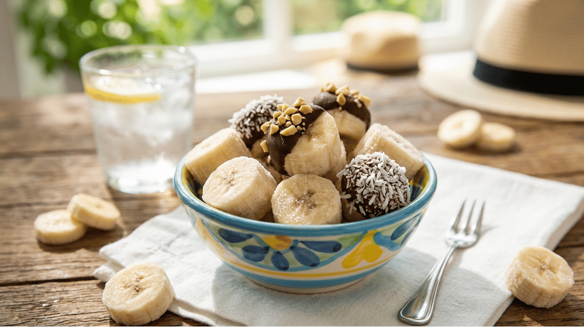 bowl of banana slices with chocolate-dipped bites topped with nuts and coconut on a rustic table.