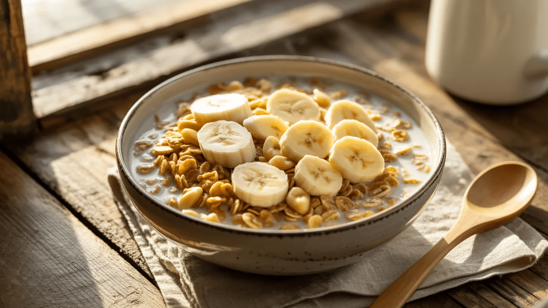 bowl of cereal with milk, banana slices, and granola