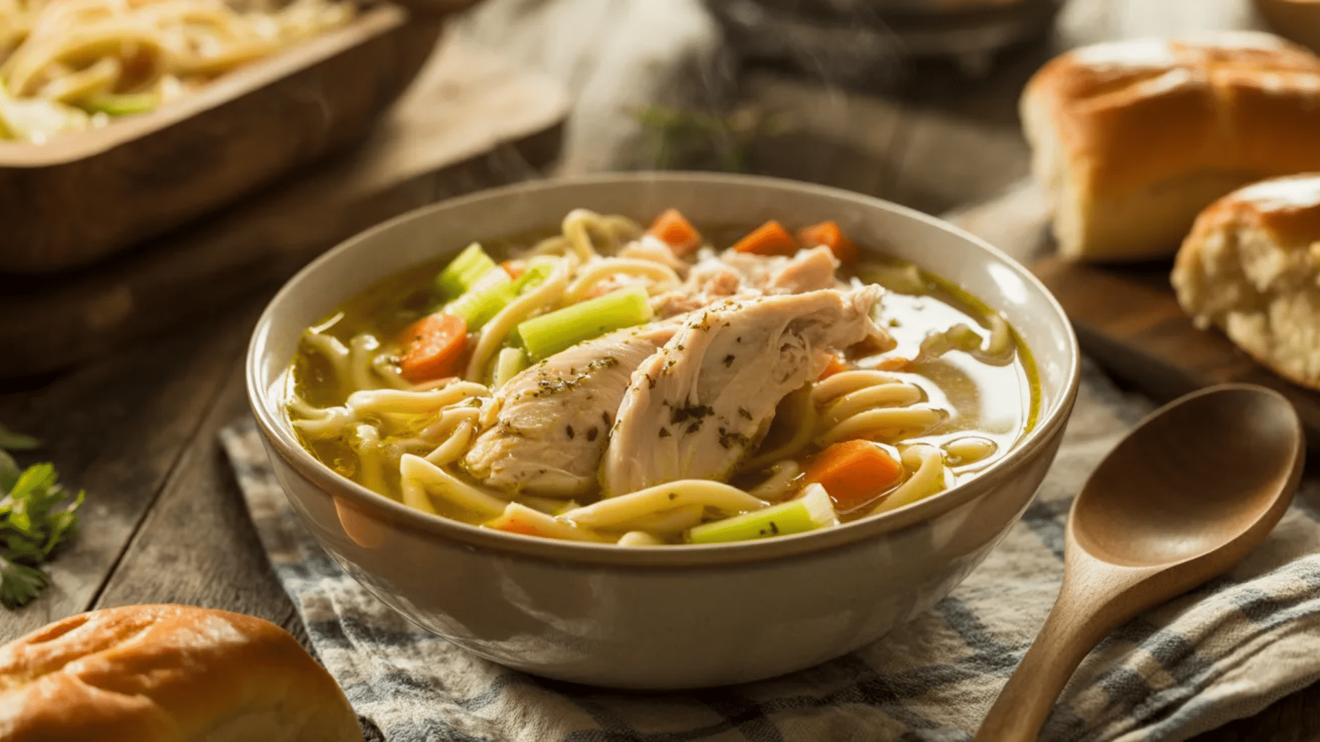 bowl of chicken noodle soup with vegetables served hot with bread and a wooden spoon on a rustic table
