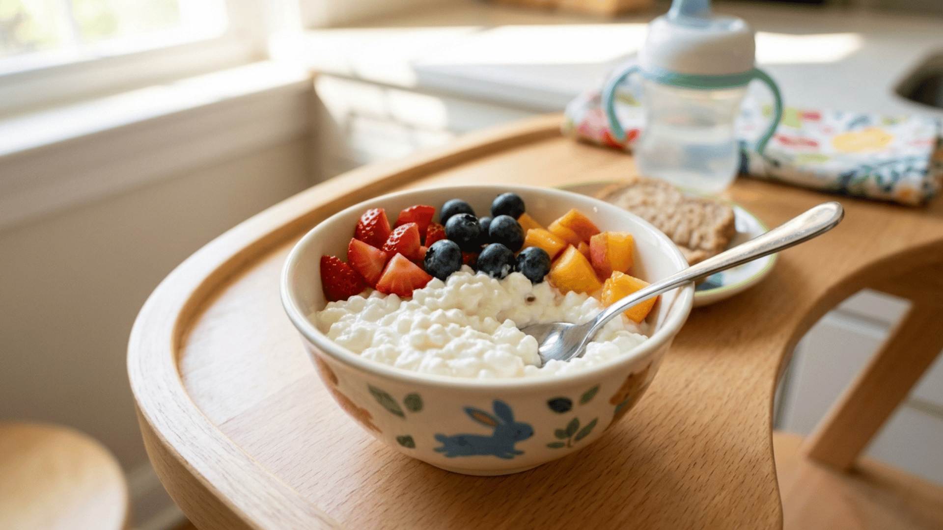bowl of cottage cheese with strawberries, blueberries, and peach on a high chair tray.