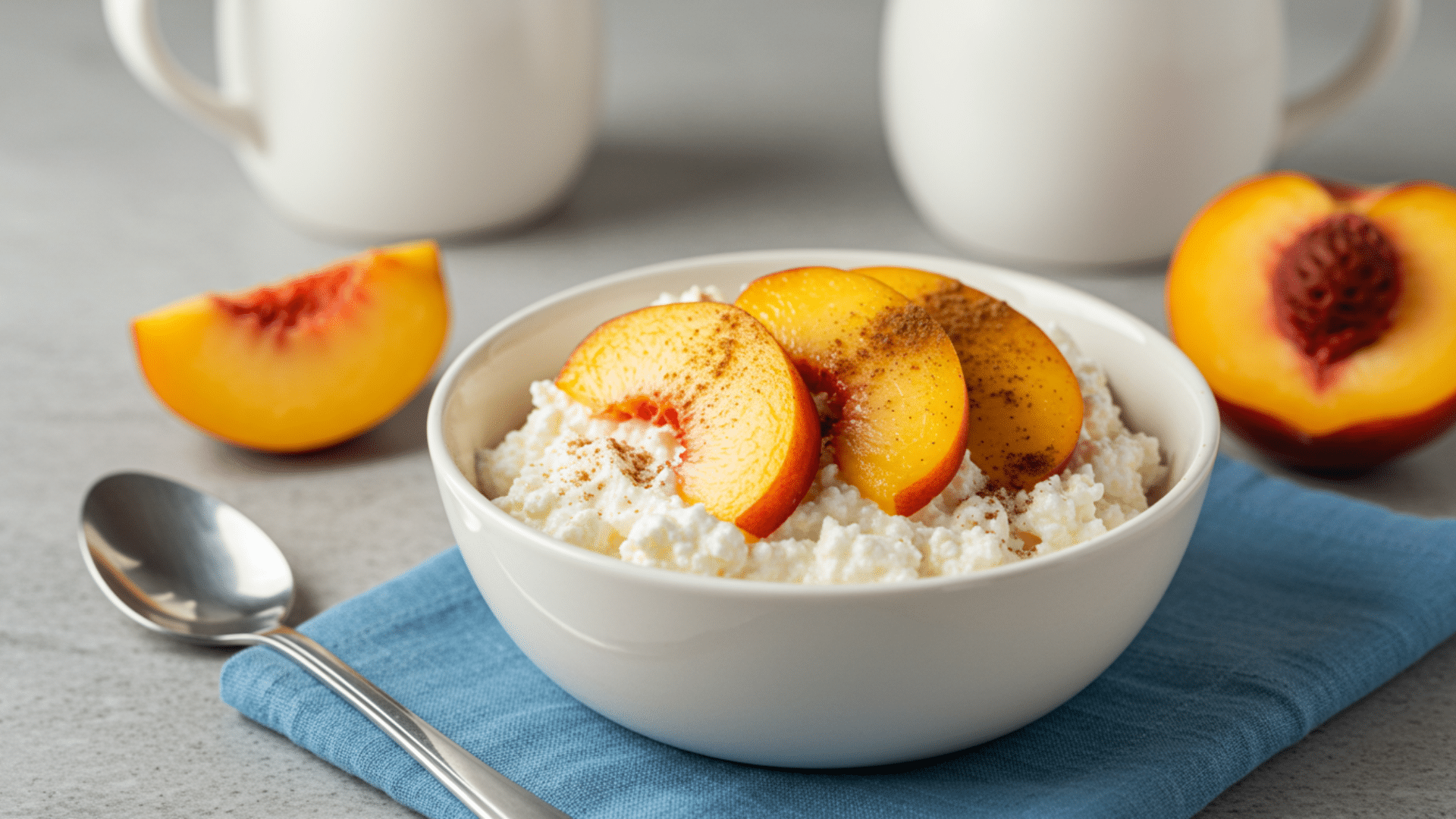 bowl of creamy cottage cheese topped with fresh peach slices and a sprinkle of cinnamon, with whole peaches and mugs softly blurred in background