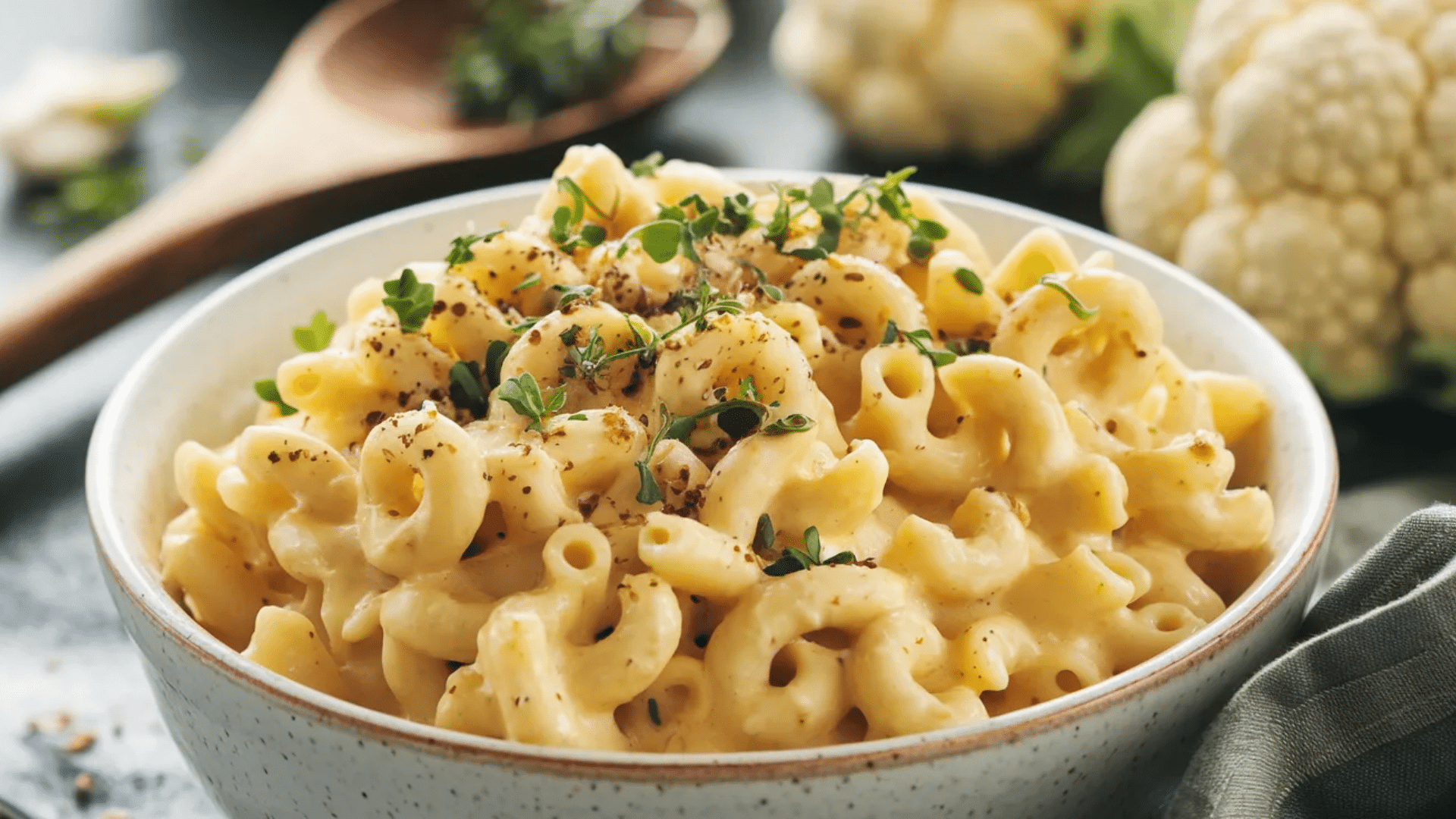 bowl of creamy pasta with herbs served in a dish on a dining table