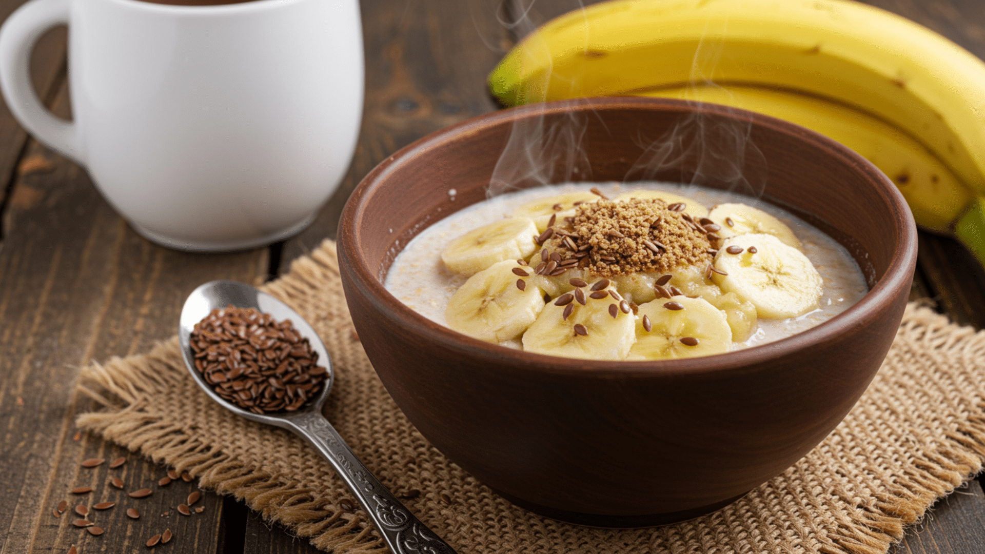 bowl of oatmeal topped with seeds and spices placed near ripe bananas and cup on wooden table in warm natural light setting