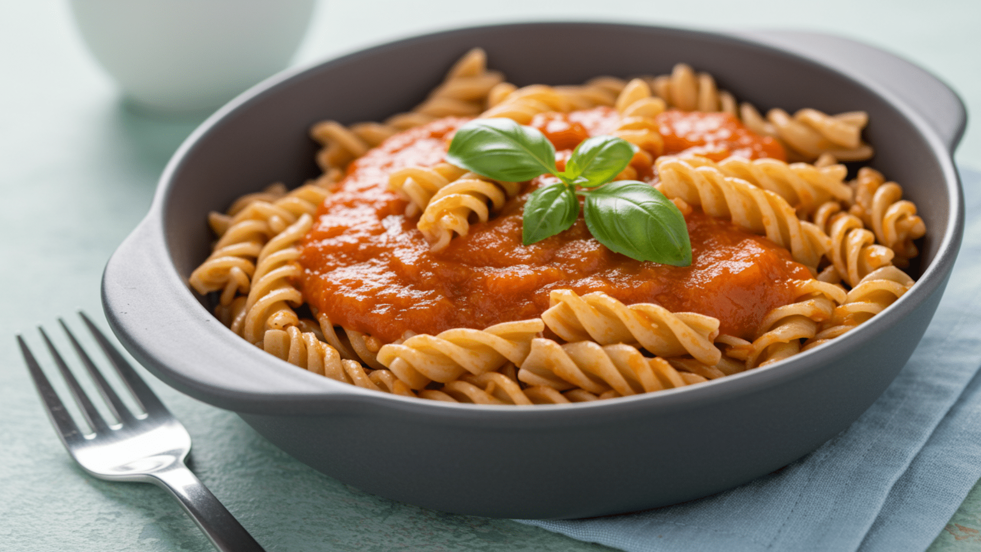 bowl of spiral pasta topped with rich tomato sauce and fresh basil leaves, with a fork placed nearby on a soft blue cloth