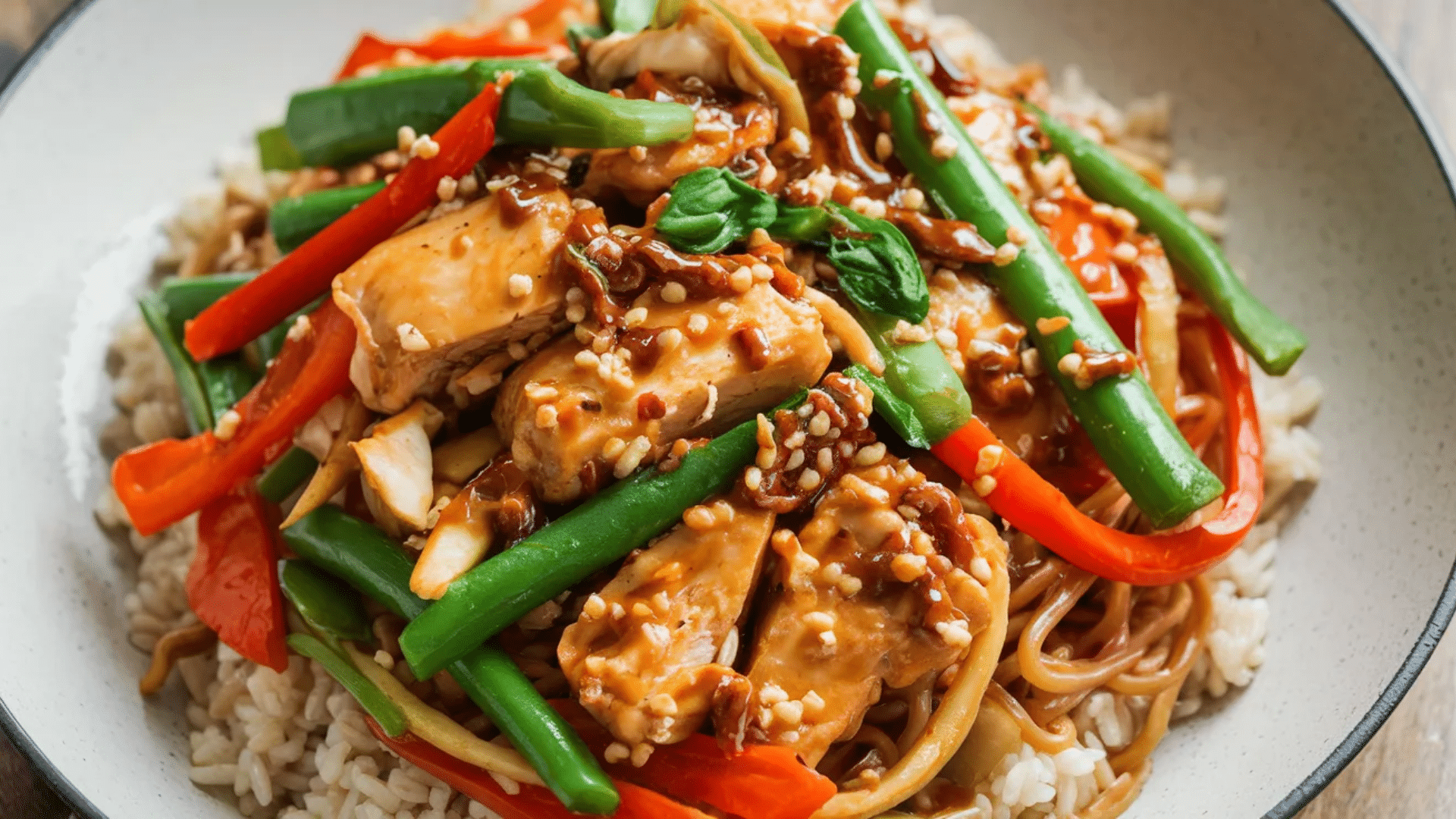 bowl of stir fry with chicken vegetables and noodles topped with sesame seeds served over rice in a white dish