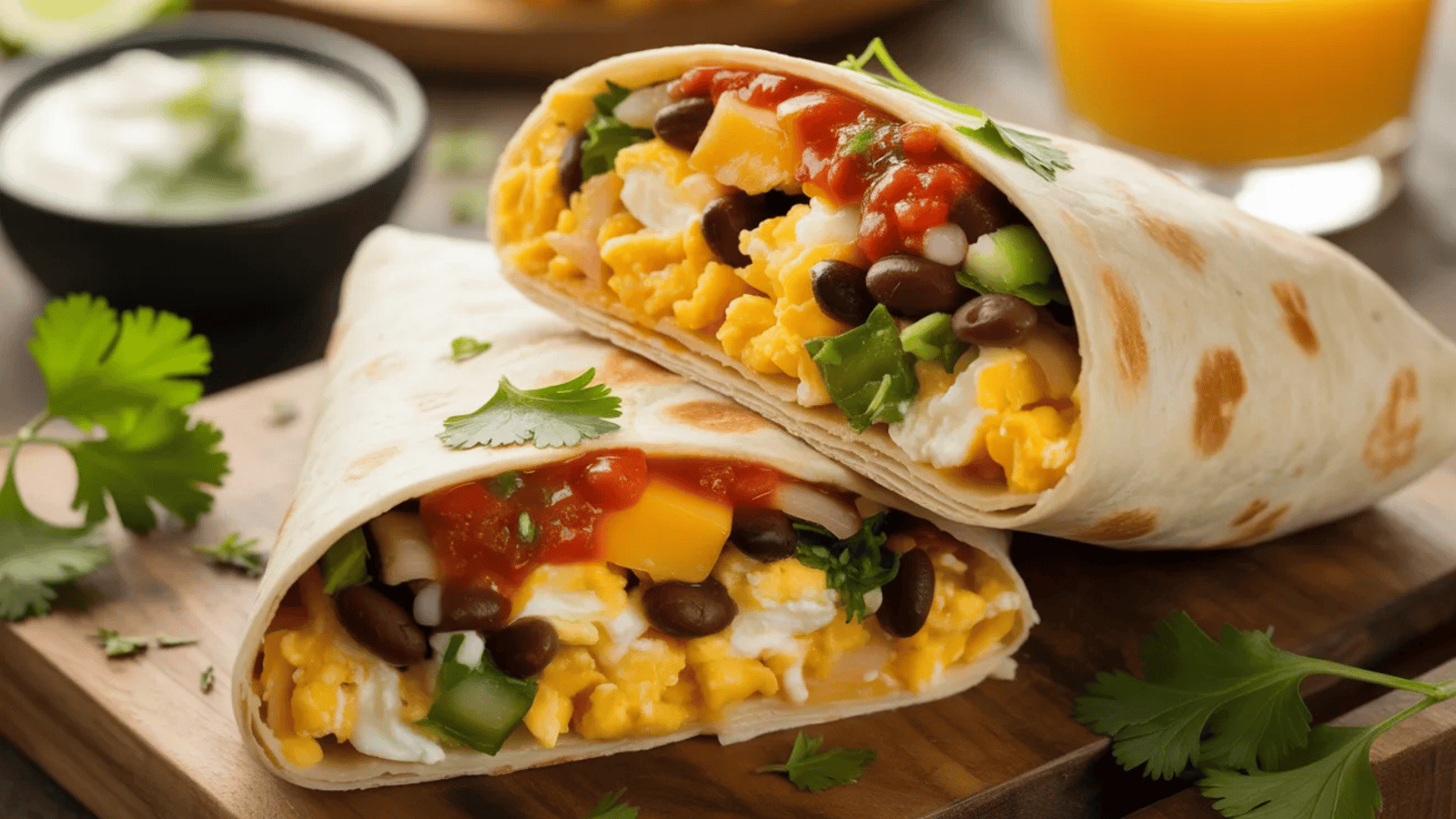 breakfast burrito, sliced in half on a wooden board, revealing the filling of scrambled eggs, black beans, melted cheddar