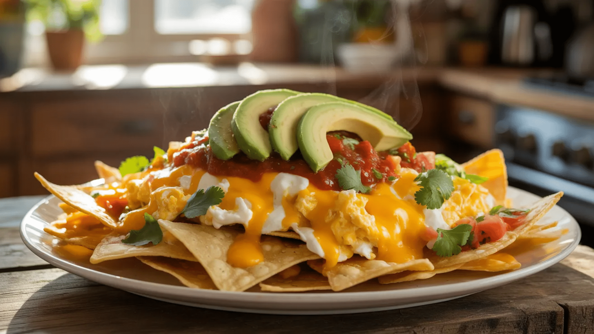 breakfast nachos with eggs, melted cheese, salsa, and avocado slices