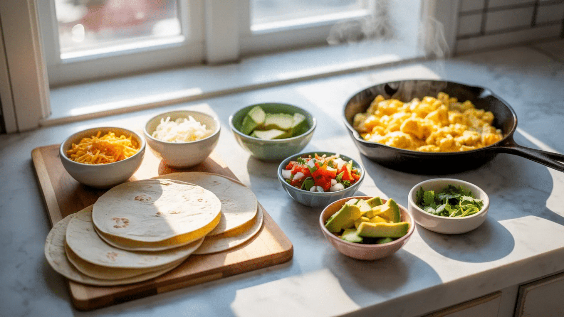 breakfast taco setup with tortillas, eggs, and toppings on a kitchen counter
