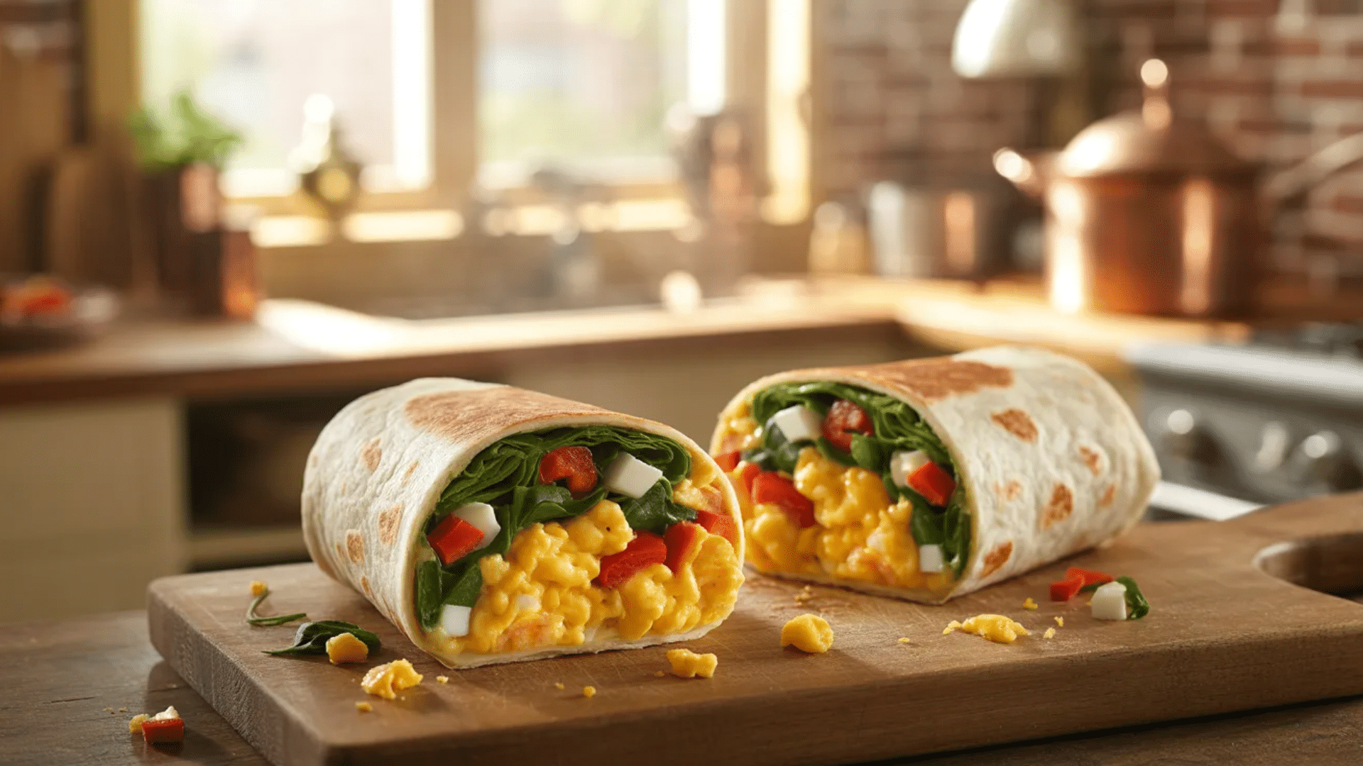 breakfast wrap with scrambled eggs, spinach, and peppers cut in half