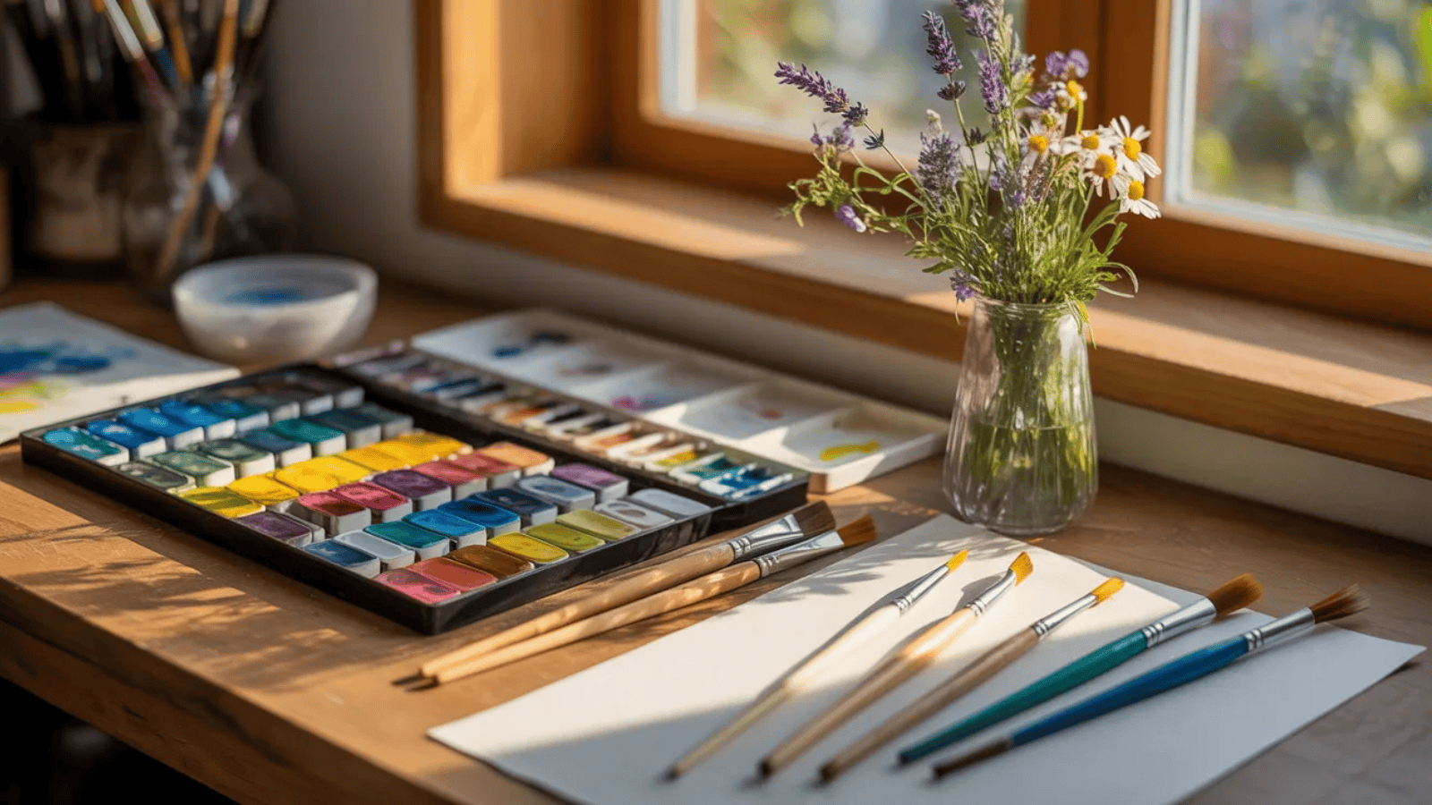 bright art studio table set up with watercolor paints, brushes, paper, and a small vase of flowers, warm natural light