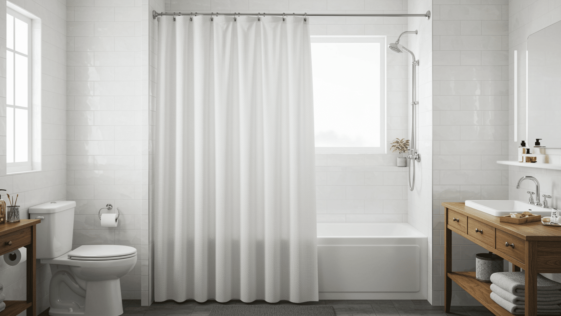 bright bathroom with standard tub and shower curtain at ideal height, spacious layout and clean modern fixtures