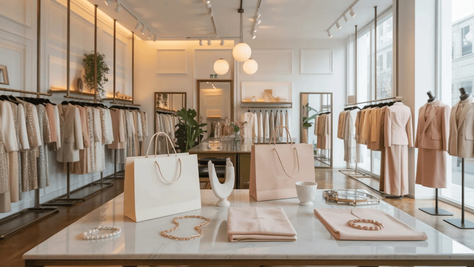 bright boutique shop interior with neatly displayed clothing and accessories, warm lighting, shopping bags on a counter, clean and stylish retail aesthetic