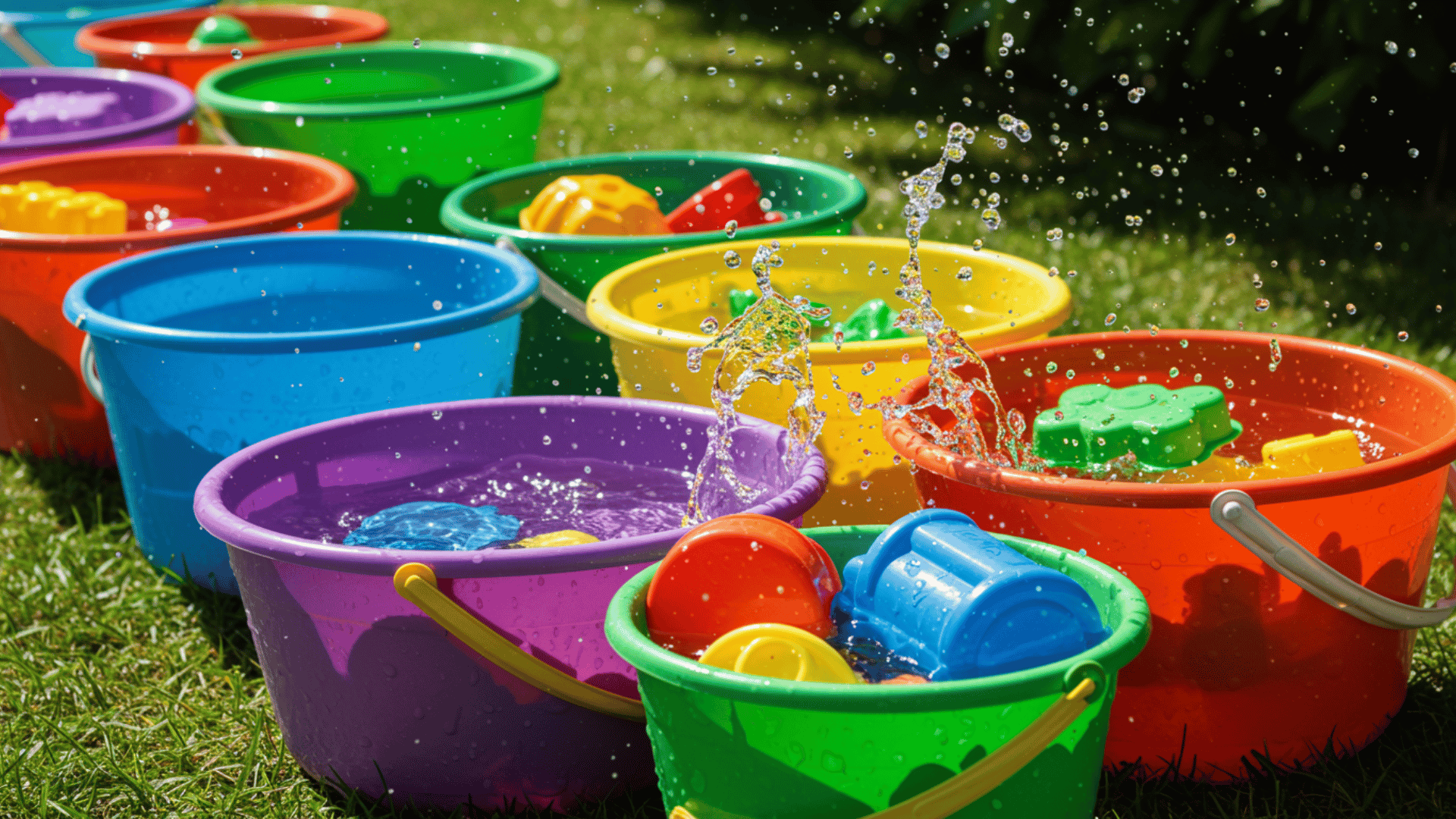 bright colorful plastic buckets filled with water and toys splashing outdoors on grass in a playful summer scene.