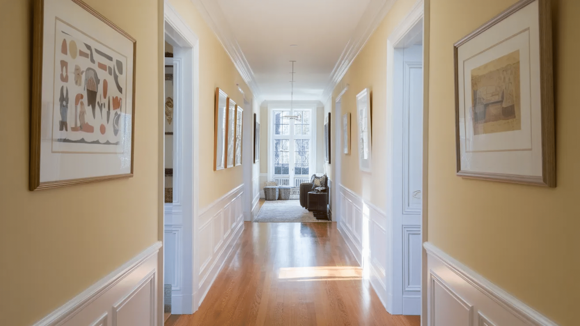 bright hallway with eggshell finish walls, framed wall art, wooden flooring and natural light creating a clean modern corridor space